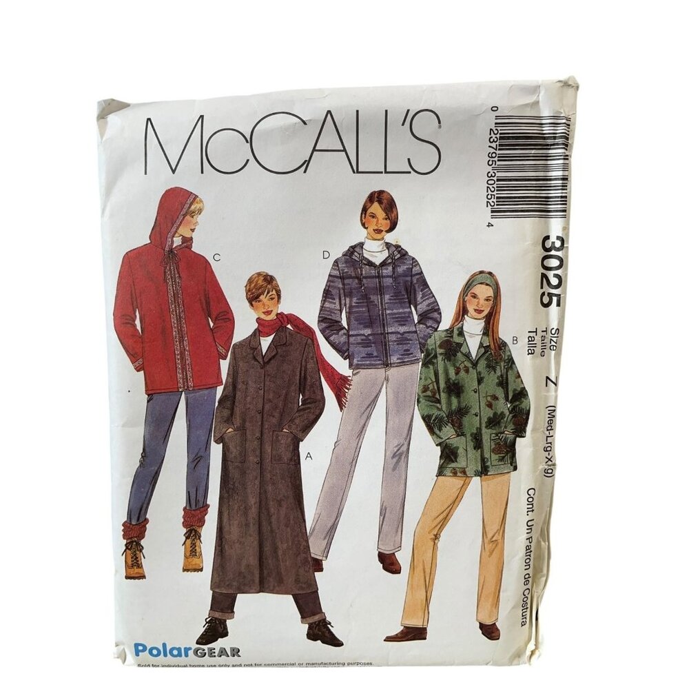 McCALL'S 3025 Misses' Unlined Coat Jacket Size Z‎ 2000 Polar Gear FF UNCUT